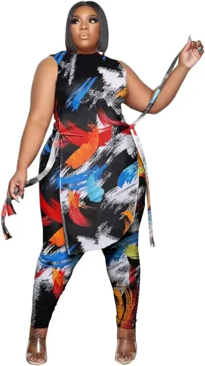 Women Plus Size 2 Piece Outfits Jumpsuit Camouflage Print Sleeveless Slit Tunic Tops Pant Set