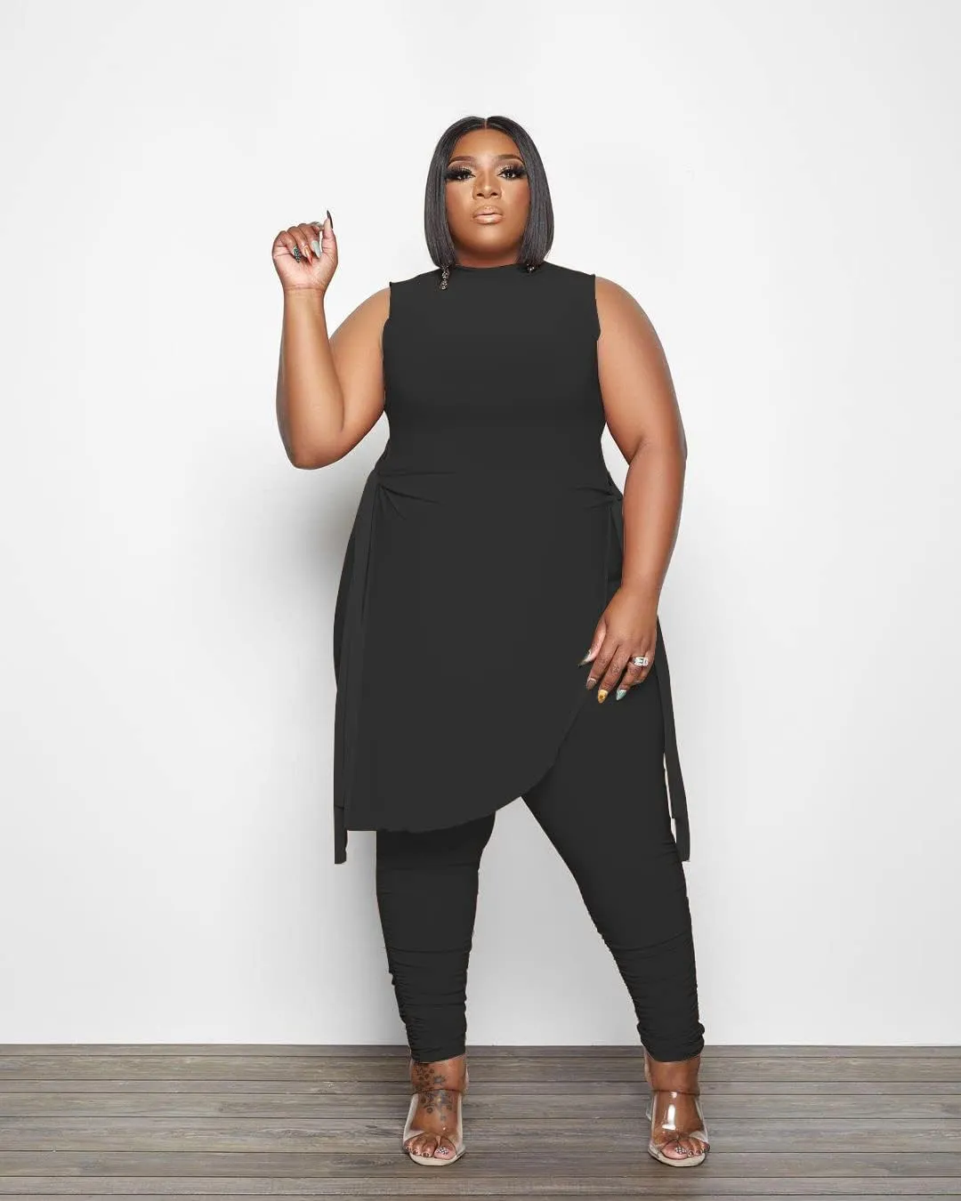 Women Plus Size 2 Piece Outfits Jumpsuit Camouflage Print Sleeveless Slit Tunic Tops Pant Set