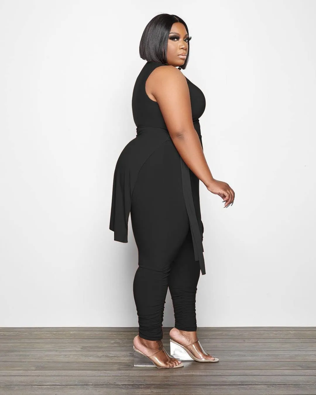 Women Plus Size 2 Piece Outfits Jumpsuit Camouflage Print Sleeveless Slit Tunic Tops Pant Set
