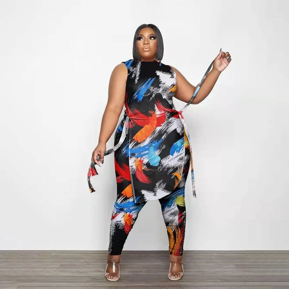 Women Plus Size 2 Piece Outfits Jumpsuit Camouflage Print Sleeveless Slit Tunic Tops Pant Set