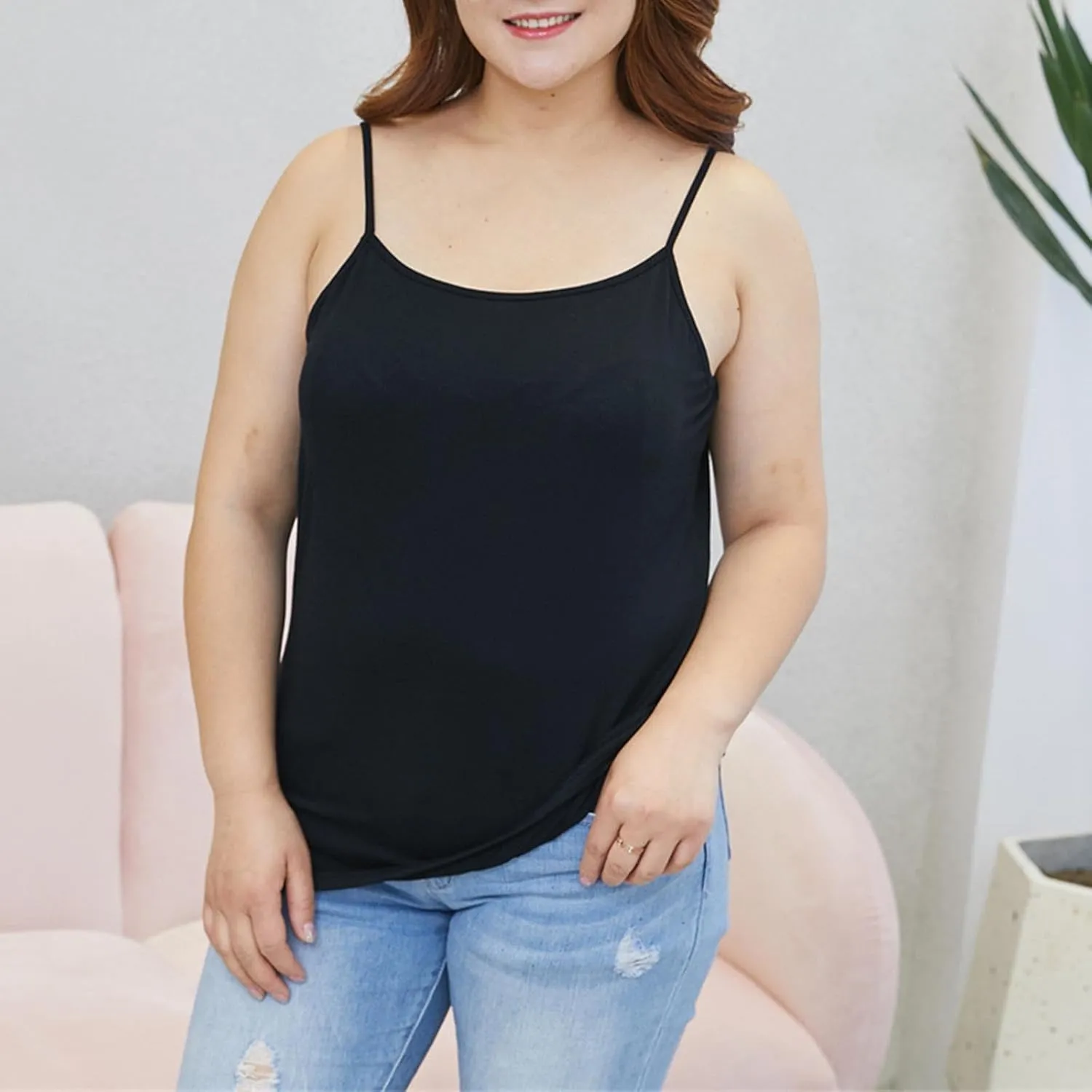 Women Plus Size Camisole Tops Spaghetti Strap Sleeveless Tops Round Neck Thin Stretchy Tanks 2025 Solid Color Blouses