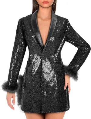 Women Sequin Jacket Long Sleeved Slim Blazer with Pocket