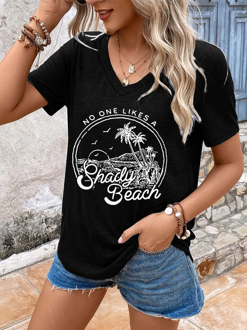 Women Summer Beach Tops Trees Print V Neck Short Sleeve Coconut Tree T Shirt Funny Graphic Tees