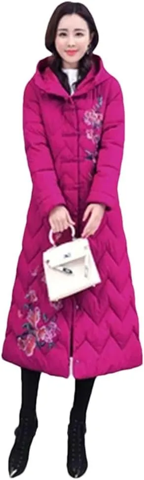Women Top Down Cotton Jacket Korean Hooded Long Warm Padded Coat Embroidery Overcoat
