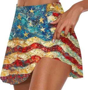 Womens 2 in 1 American Flag Pride Tennis Skirts High Waisted Ed White Blue Star Stripes Athletic Golf Workout Skirts