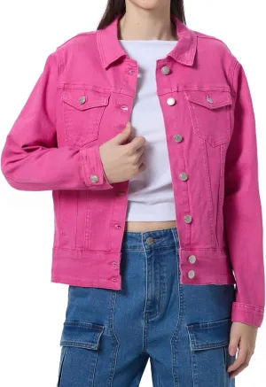 Women's Basic Button Down Denim Jacket, Casual Long Sleeve Fitted Jean Jacket with Pockets