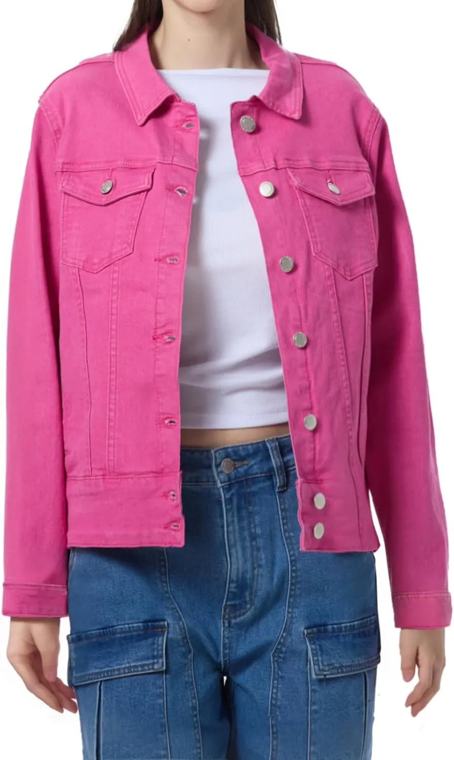 Women's Basic Button Down Denim Jacket, Casual Long Sleeve Fitted Jean Jacket with Pockets