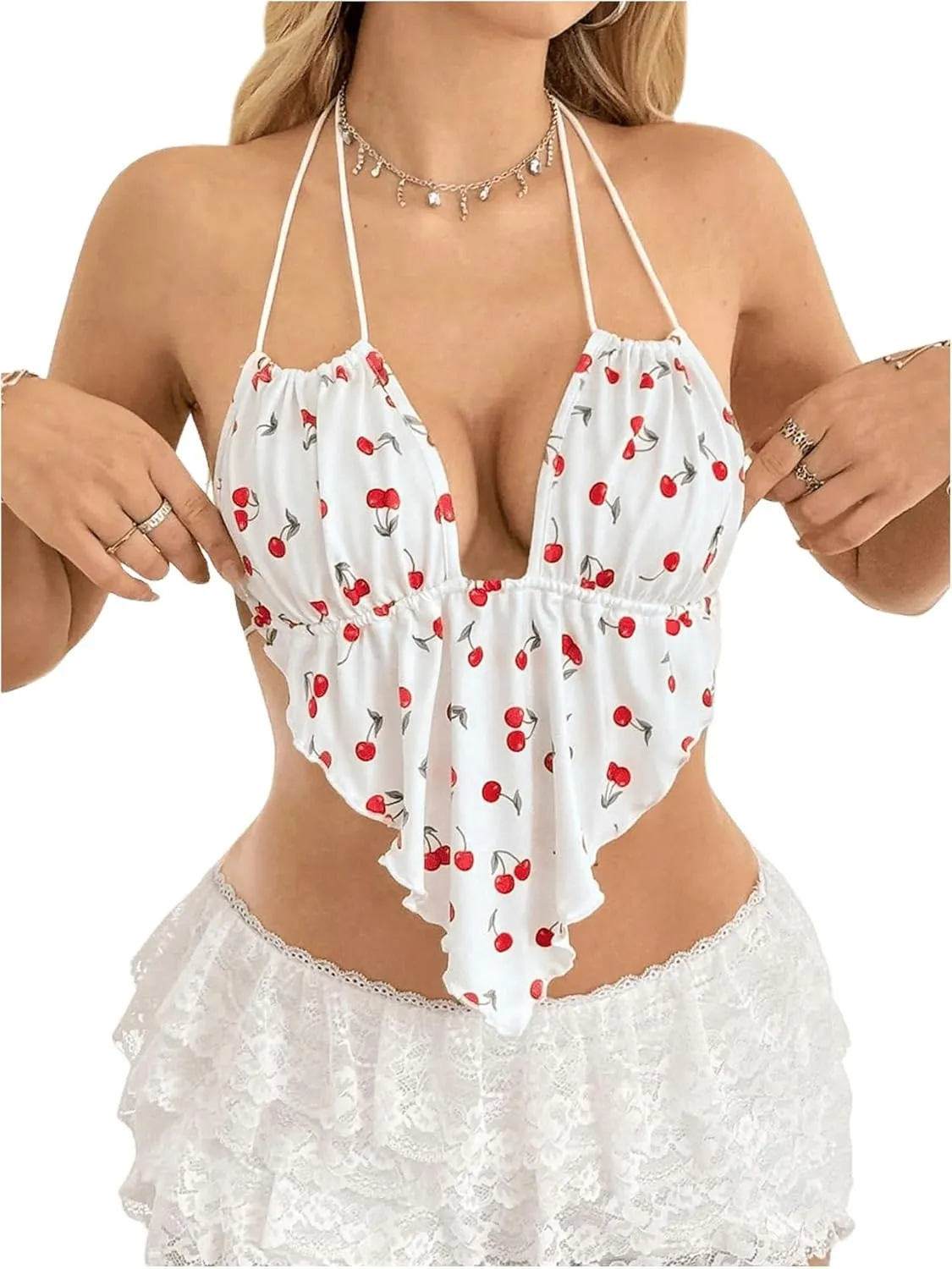 Women's Cherry Backless Crop Halter Top Strappy Low Cut Asymmetrical Hem Camisole Tops
