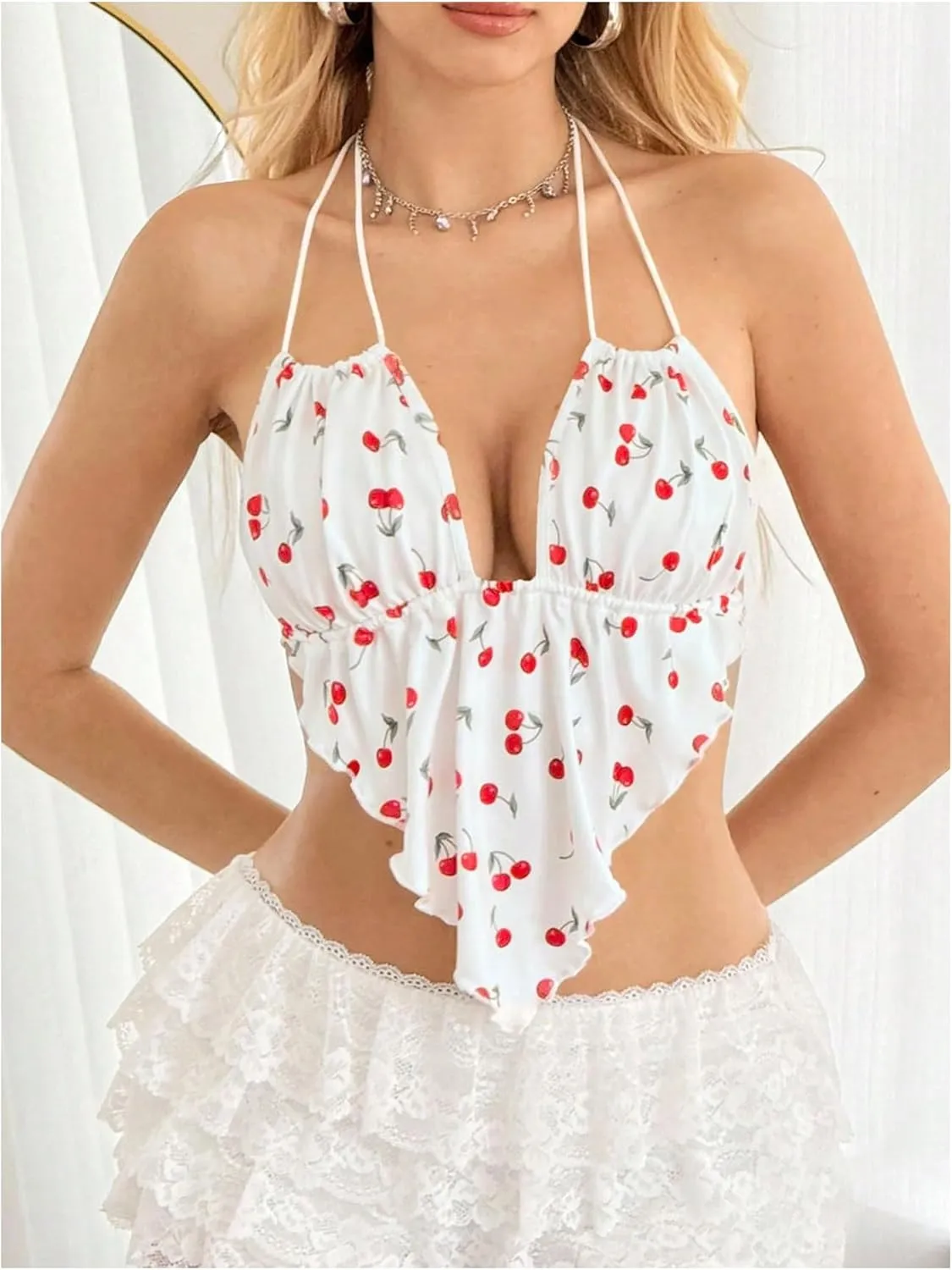 Women's Cherry Backless Crop Halter Top Strappy Low Cut Asymmetrical Hem Camisole Tops