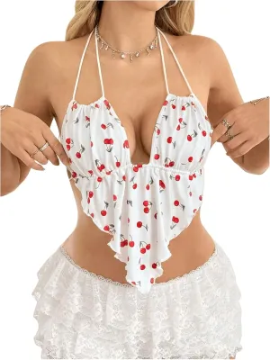 Women's Cherry Backless Crop Halter Top Strappy Low Cut Asymmetrical Hem Camisole Tops