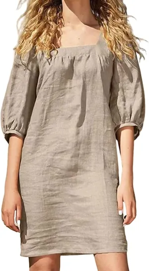 Womens Cotton Linen Dresses 2025 Summer Square Neck Dress Puff Short Sleeve Loose A-Line Casual Shorts Mini Dresses