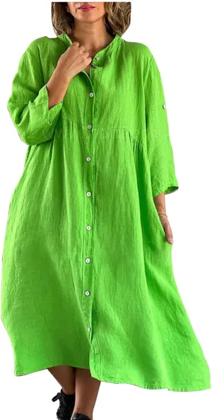 Women's Cotton Linen Long Sleeve Button Down Shirt Dress Summer Casual Plus Size A-Line Swing Midi Dress with Pockets