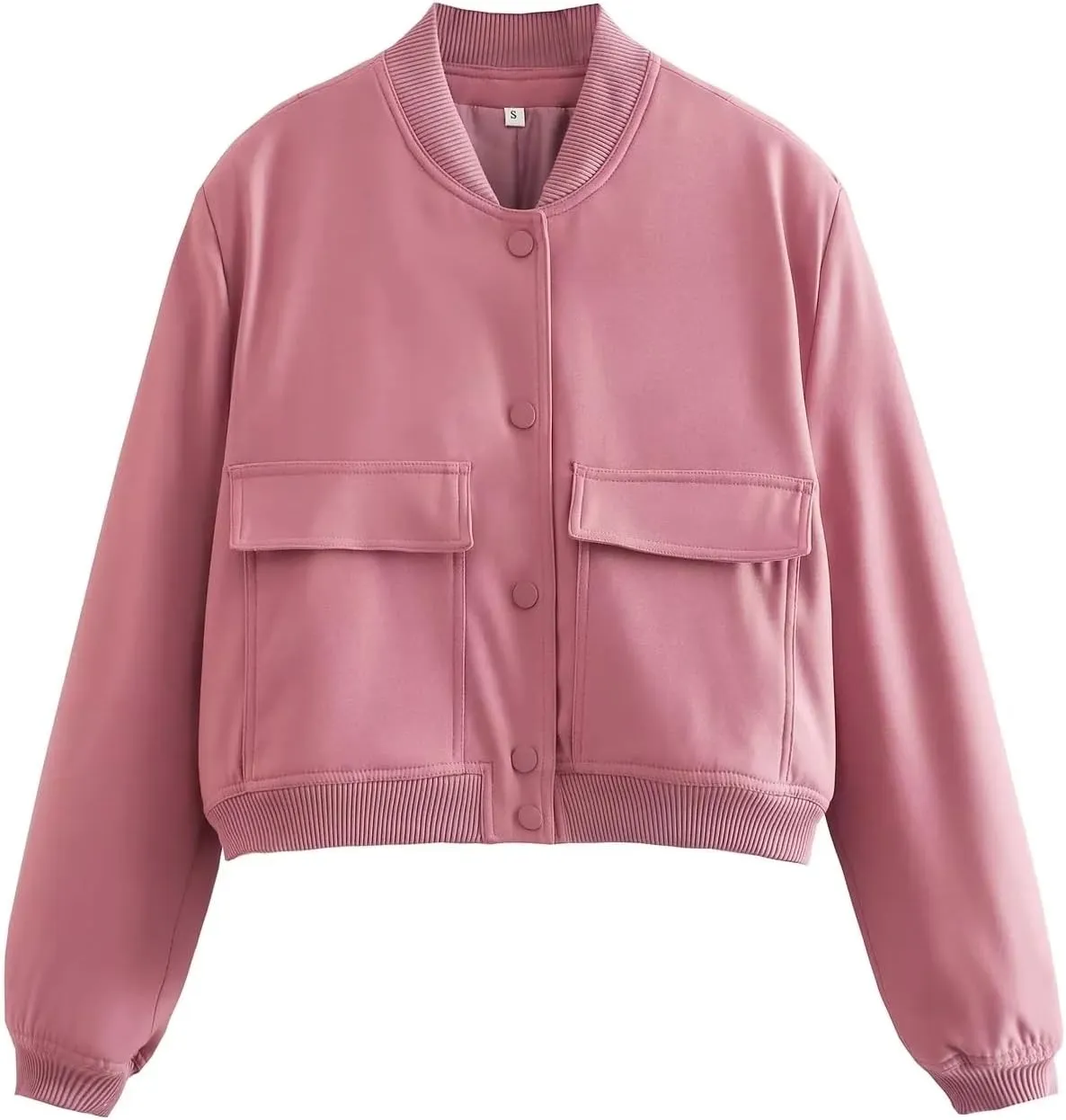 Women's Cropped Bomber Jacket Long Sleeve Lightweight Casual Button Down Baseball Varsity Jacket with Pockets