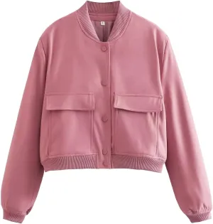 Women's Cropped Bomber Jacket Long Sleeve Lightweight Casual Button Down Baseball Varsity Jacket with Pockets