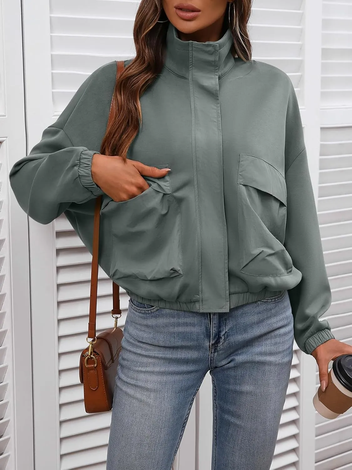 Women's Cropped Oversized Safari Jackets Zip Up Stand Collar Neck Long Sleeve Utility Anorak jacket with Pocket