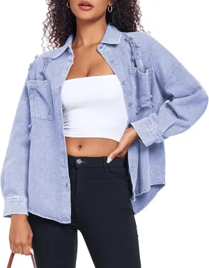Womens Denim Jacket Oversized Button Down Jean Jacket Boyfriend Ripped Washed Jean Jackets Coat with Pockets