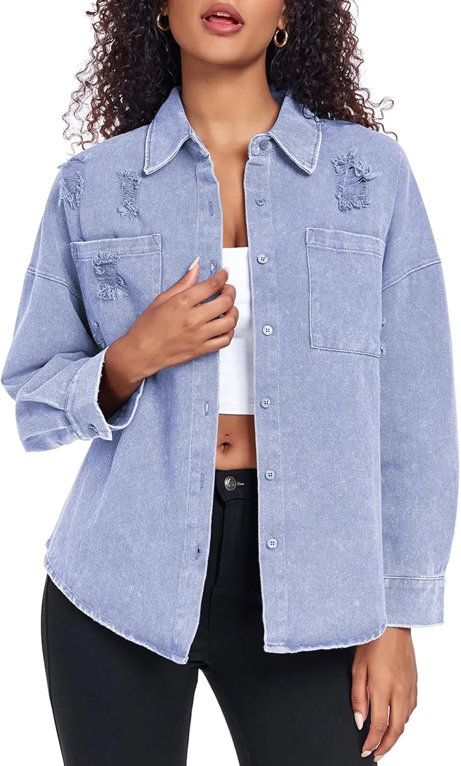 Womens Denim Jacket Oversized Button Down Jean Jacket Boyfriend Ripped Washed Jean Jackets Coat with Pockets