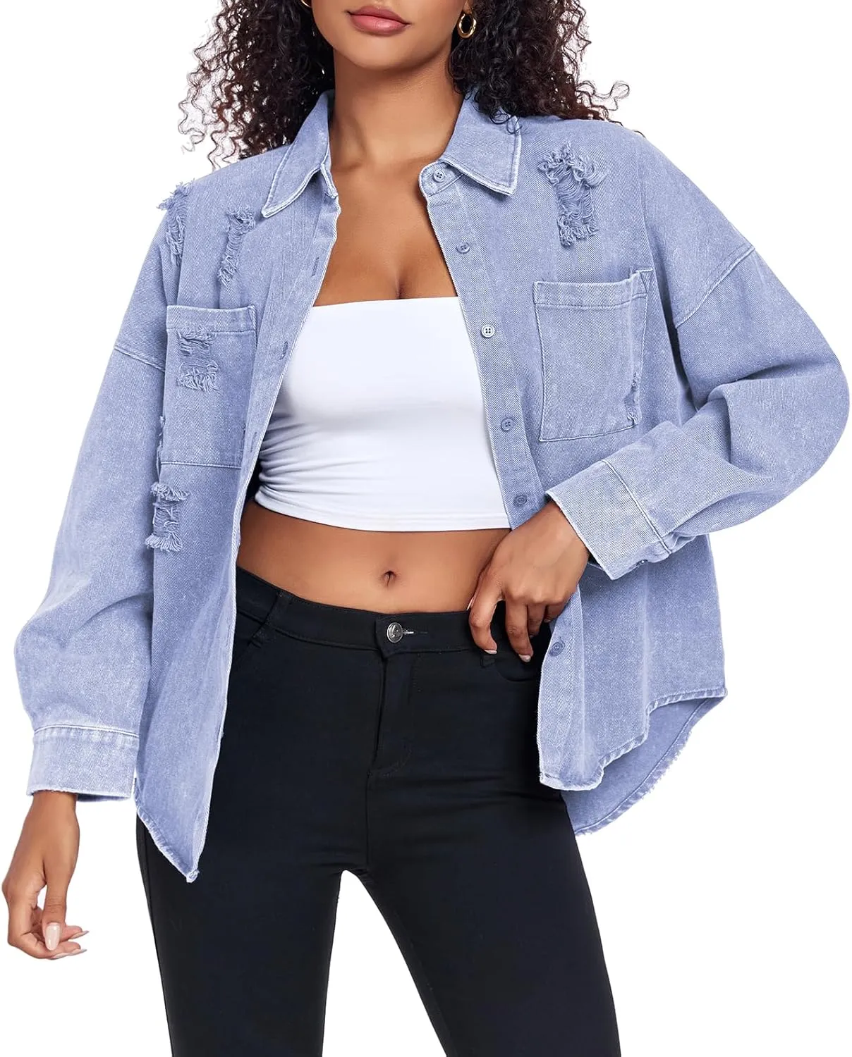 Womens Denim Jacket Oversized Button Down Jean Jacket Boyfriend Ripped Washed Jean Jackets Coat with Pockets