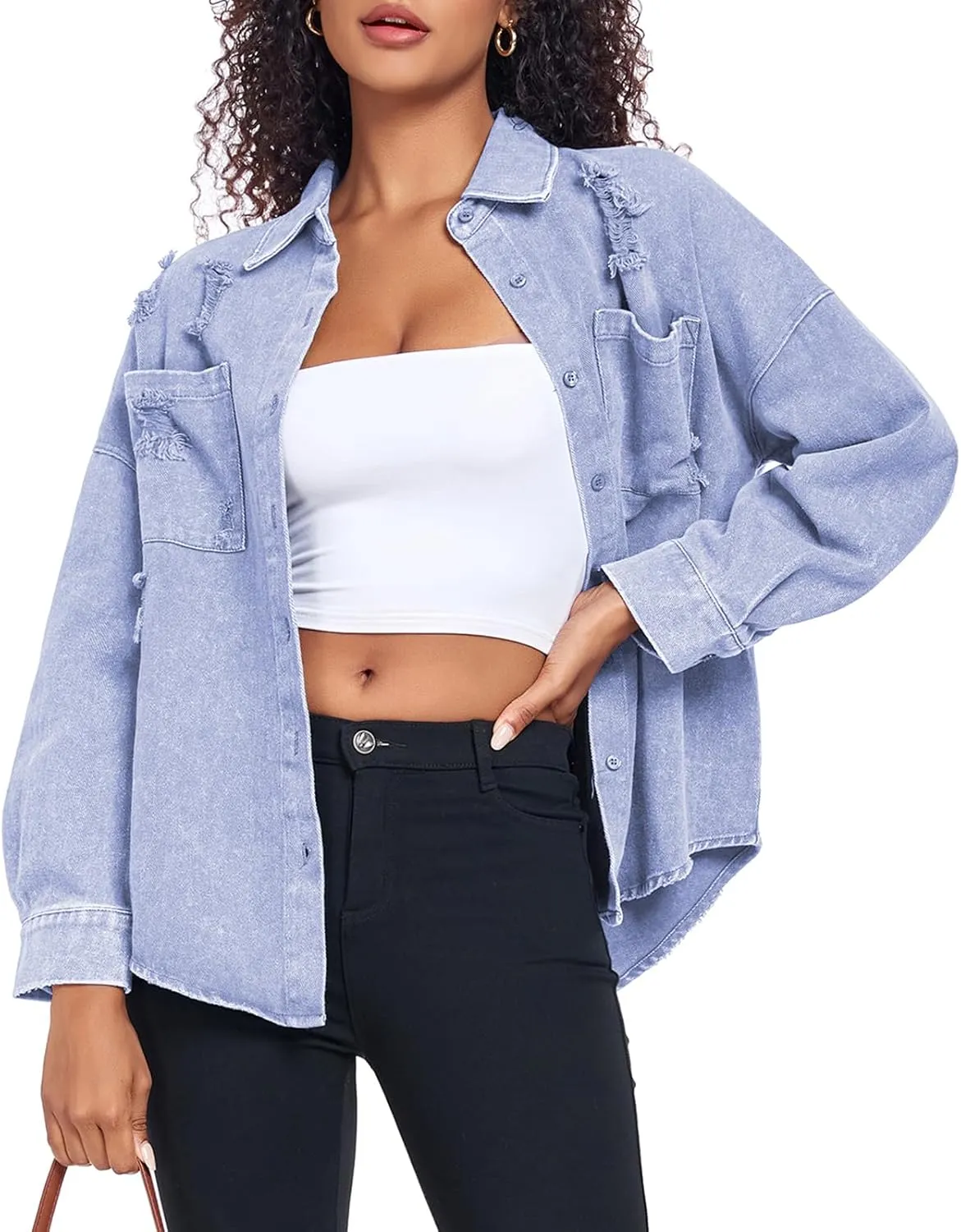 Womens Denim Jacket Oversized Button Down Jean Jacket Boyfriend Ripped Washed Jean Jackets Coat with Pockets