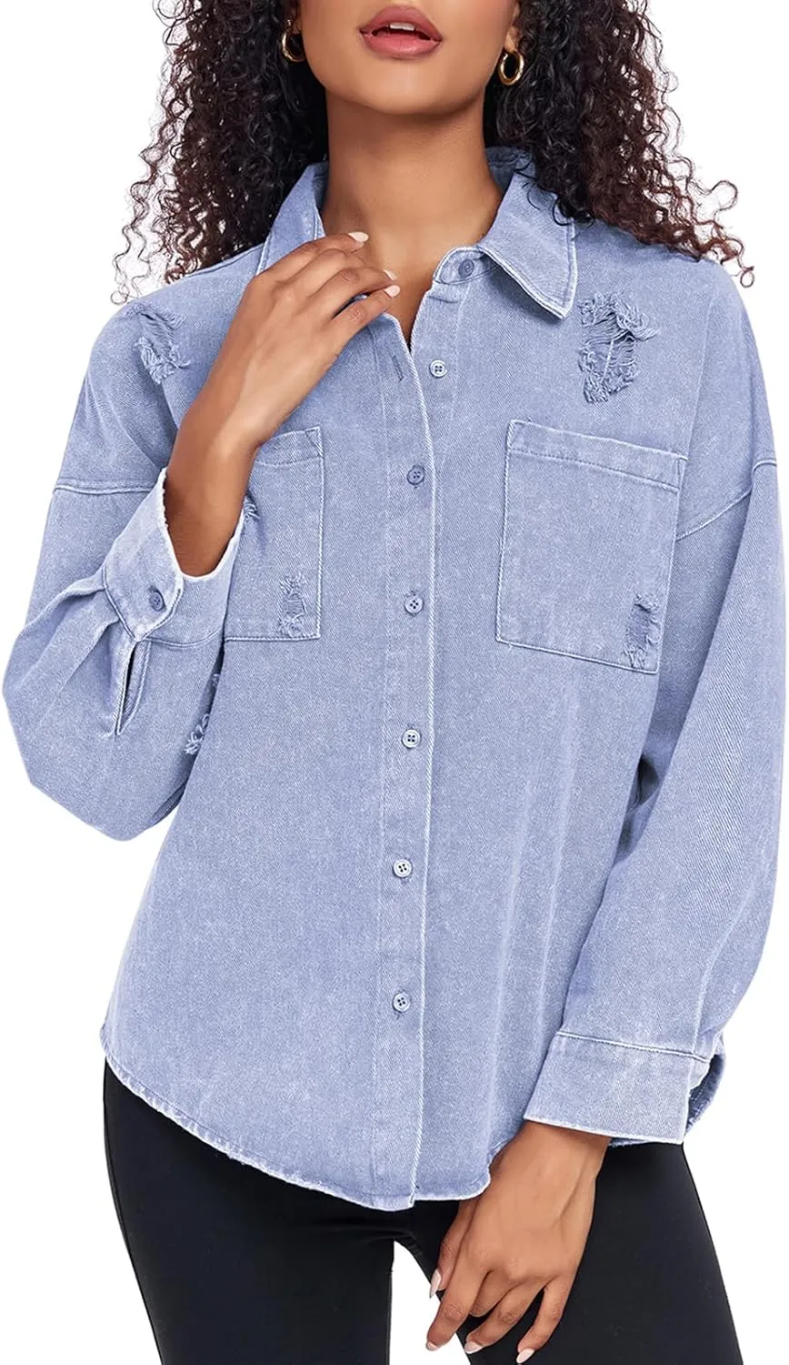 Womens Denim Jacket Oversized Button Down Jean Jacket Boyfriend Ripped Washed Jean Jackets Coat with Pockets