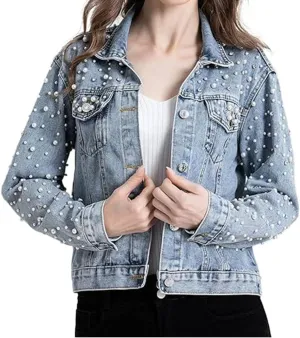 Womens Denim Jacket Rhinestone Pearl Relaxed Fit Cropped Button Down Jean Jacket