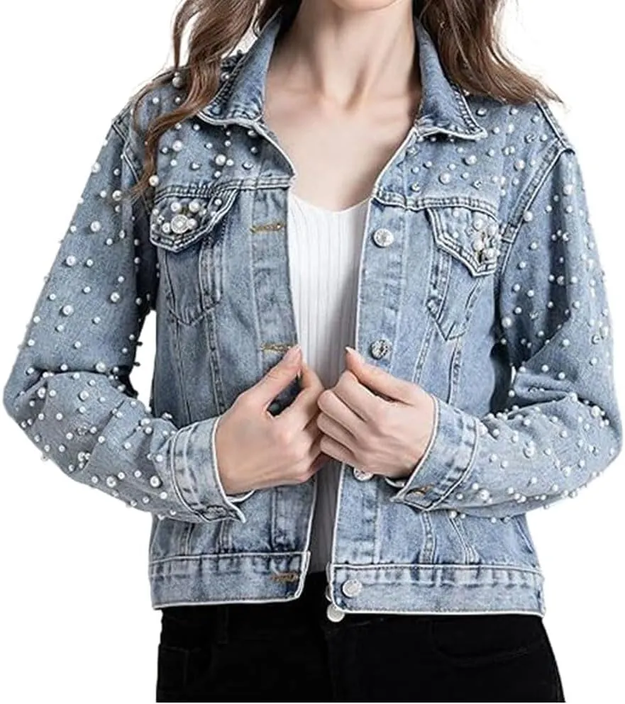 Womens Denim Jacket Rhinestone Pearl Relaxed Fit Cropped Button Down Jean Jacket