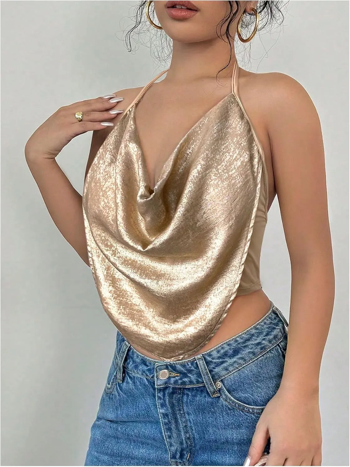 Women's Draped Neck Halter Top Sleeveless Slim Fit Crop Camisole Tops Party Clothes
