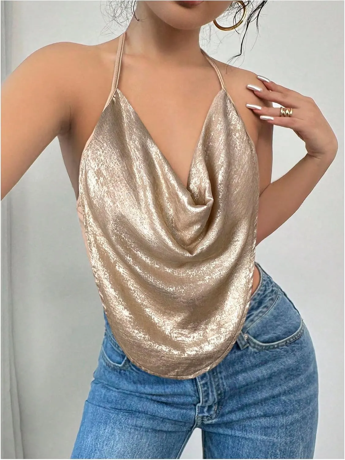 Women's Draped Neck Halter Top Sleeveless Slim Fit Crop Camisole Tops Party Clothes