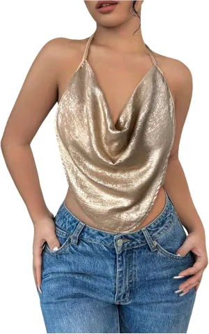 Women's Draped Neck Halter Top Sleeveless Slim Fit Crop Camisole Tops Party Clothes