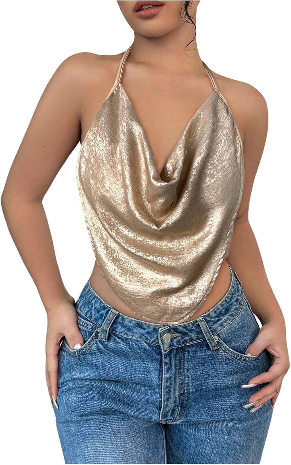 Women's Draped Neck Halter Top Sleeveless Slim Fit Crop Camisole Tops Party Clothes