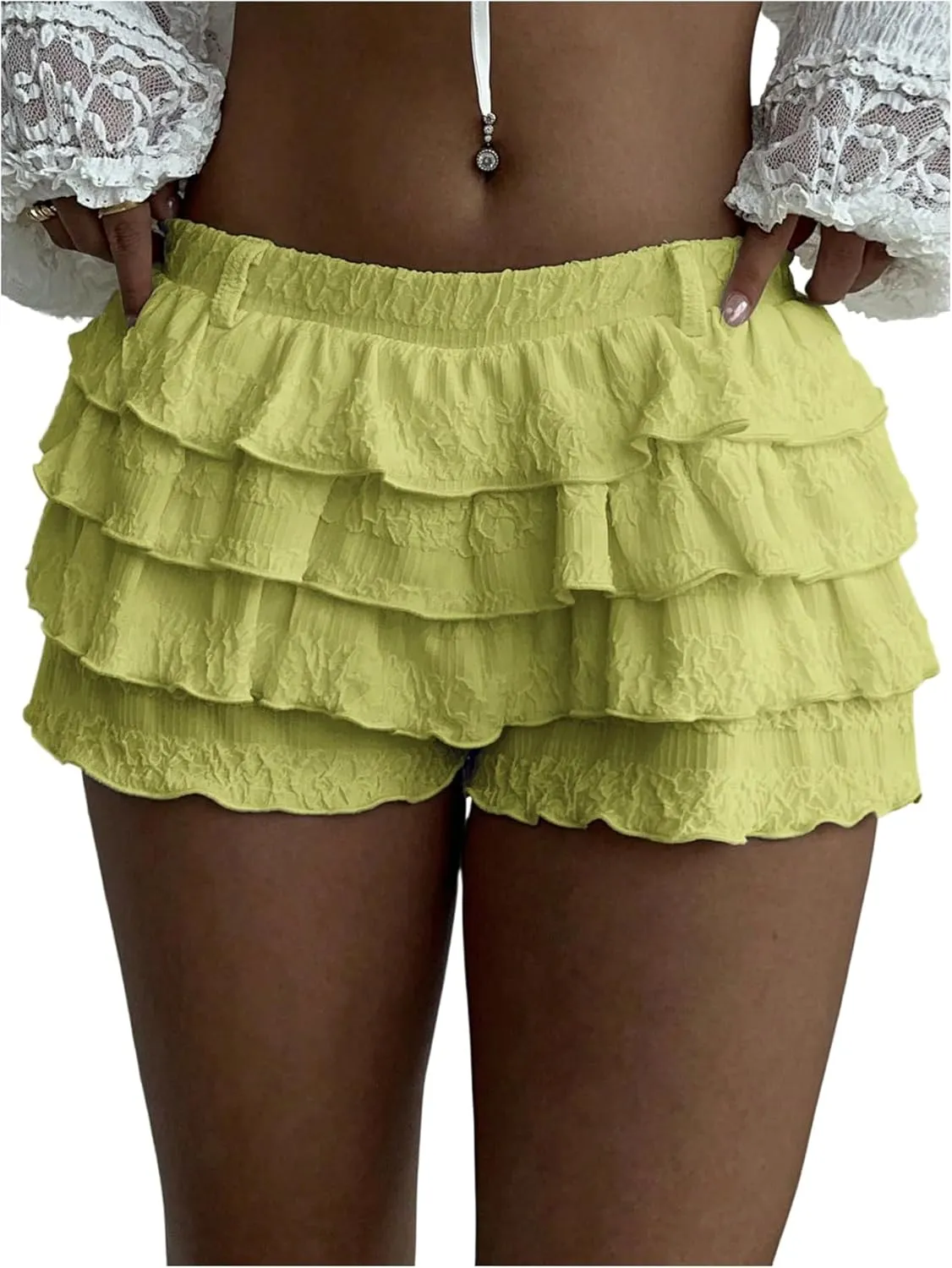 Women's Elastic Waist Ruffle Tiered Shorts Casual Mini Skort Low Rise Bloomers