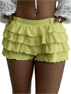 Women's Elastic Waist Ruffle Tiered Shorts Casual Mini Skort Low Rise Bloomers