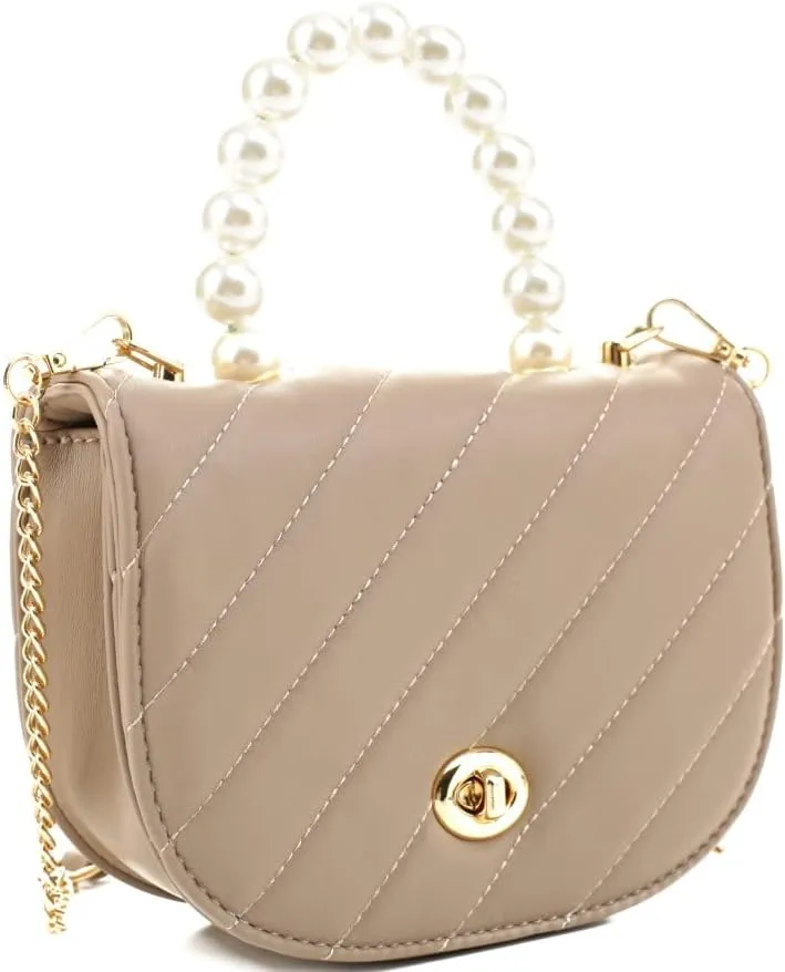 Womens Girls Dressy Pearl Top-Handle Casual Saddle Clutch Satchel Purse Crossbody Bag