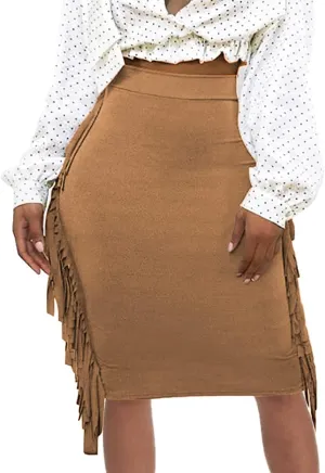 Women's High Waist Side Tassels Fringe Bodycon Pencil Midi Skirt