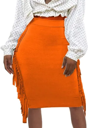 Women's High Waist Side Tassels Fringe Bodycon Pencil Midi Skirt
