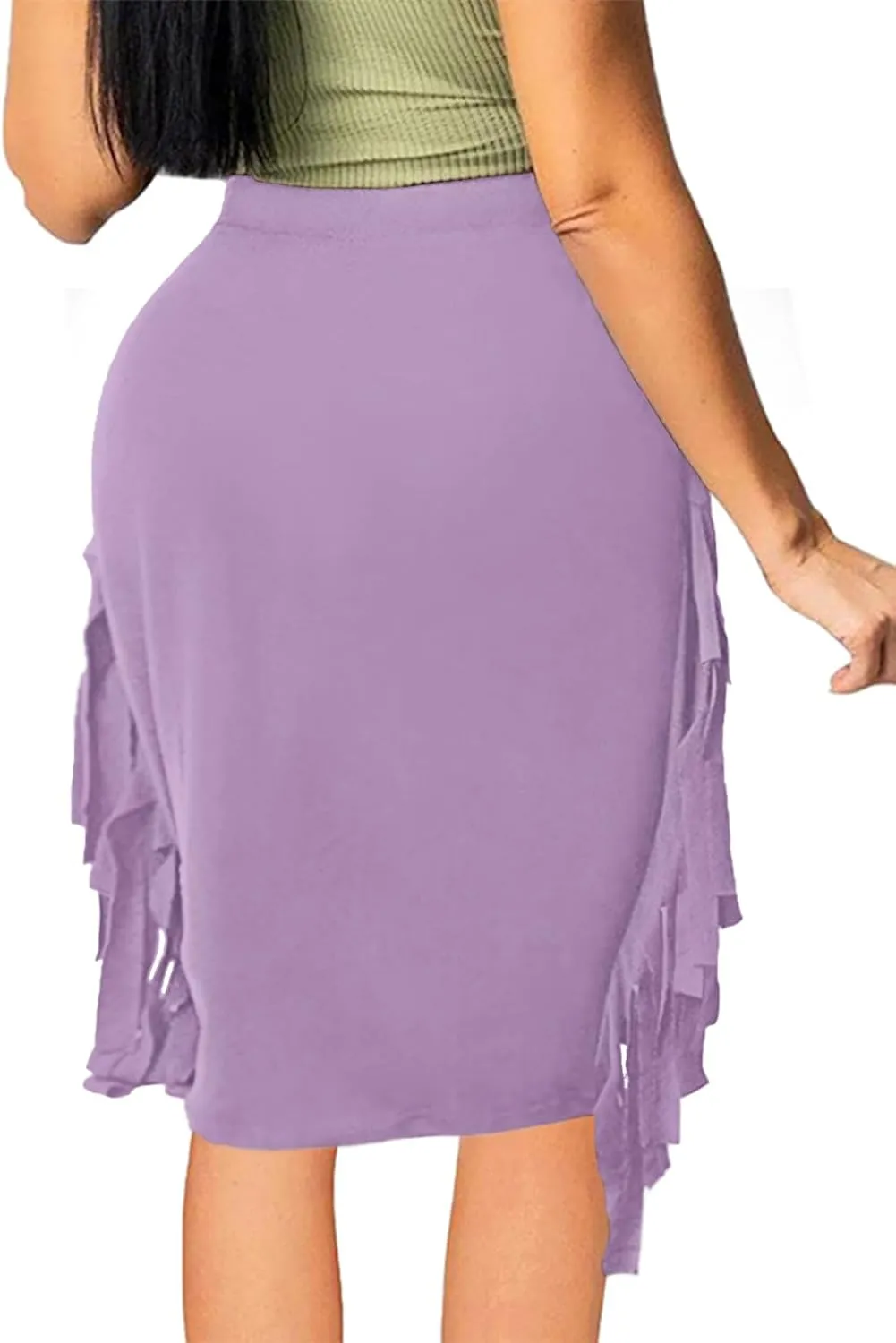 Women's High Waist Side Tassels Fringe Bodycon Pencil Midi Skirt