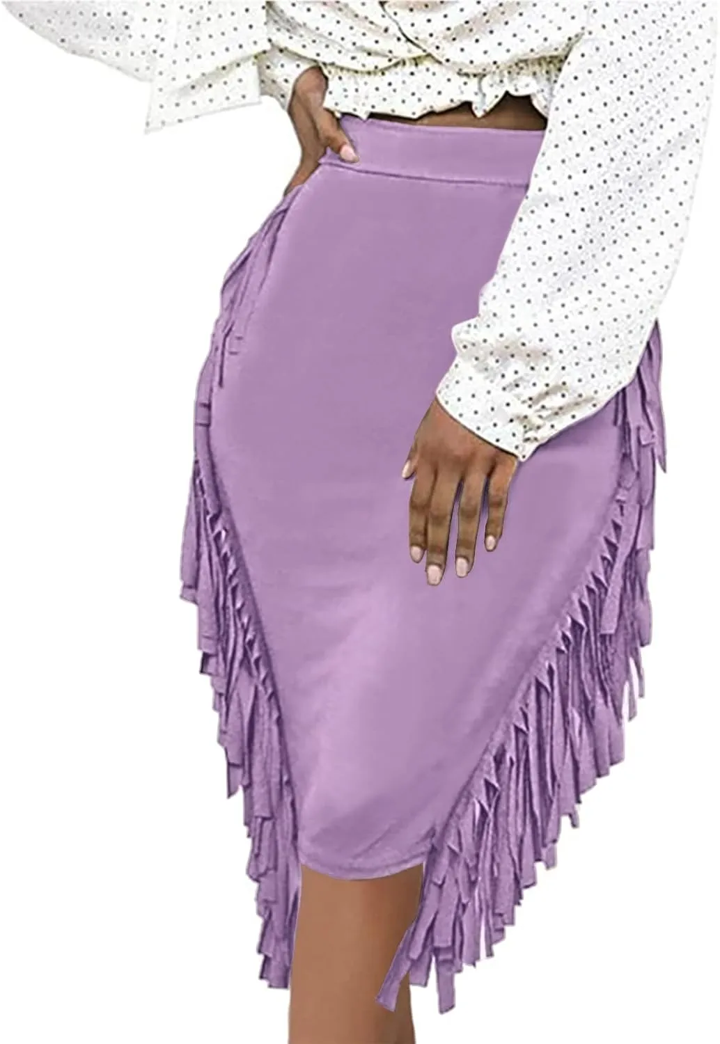 Women's High Waist Side Tassels Fringe Bodycon Pencil Midi Skirt
