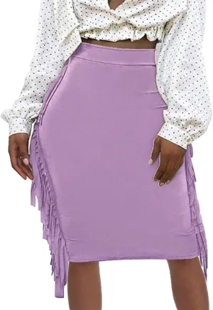 Women's High Waist Side Tassels Fringe Bodycon Pencil Midi Skirt