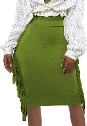 Women's High Waist Side Tassels Fringe Bodycon Pencil Midi Skirt