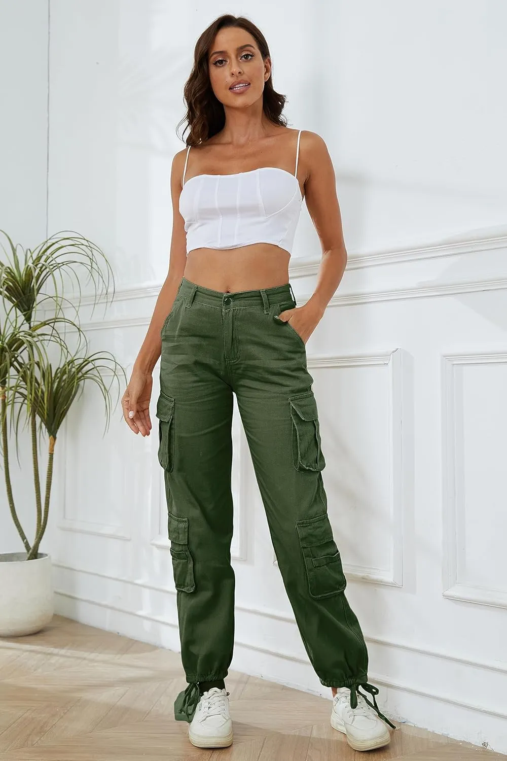 Womens High Waisted Black Cargo Pants with Pockets Baggy Solid Y2k Streetwear Pants