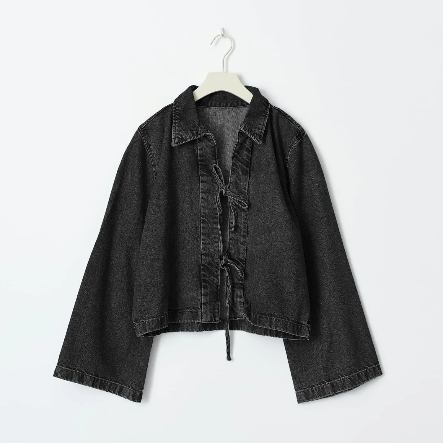 Womens Jean Jacket Tie Front Denim Jacket Lapel Neck Solid Color Long Sleeve Casual Crop Jean Shirts Fall Coat