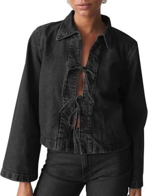 Womens Jean Jacket Tie Front Denim Jacket Lapel Neck Solid Color Long Sleeve Casual Crop Jean Shirts Fall Coat