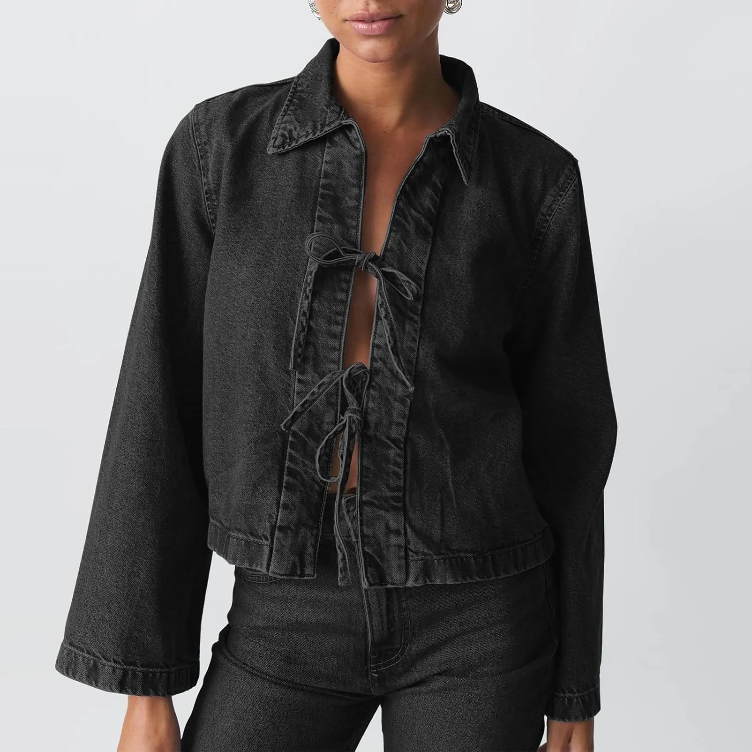 Womens Jean Jacket Tie Front Denim Jacket Lapel Neck Solid Color Long Sleeve Casual Crop Jean Shirts Fall Coat
