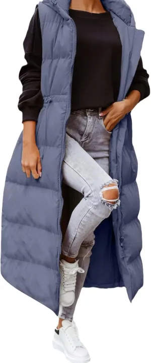 Women's Long Quilted Vest Coat Hooded Maxi Length Sleeveless Puffer Vest Padded Coat Winter Vest Outerwear