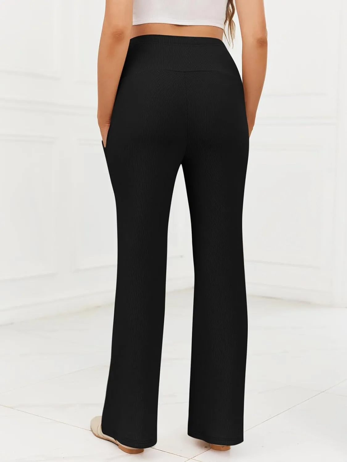 Women's Maternity Pants Casual Adjustable High Waist Flare Leggings Stretchy Pregnancy Trousers with Pockets