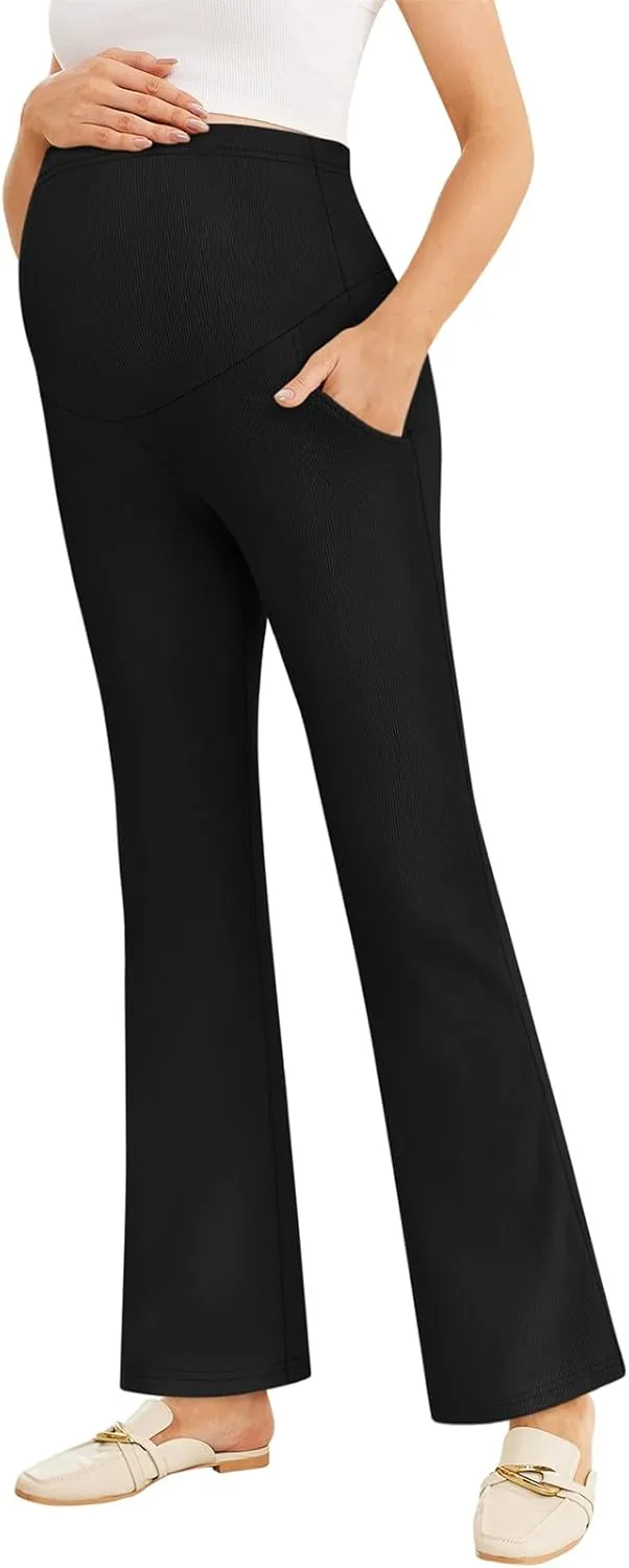 Women's Maternity Pants Casual Adjustable High Waist Flare Leggings Stretchy Pregnancy Trousers with Pockets