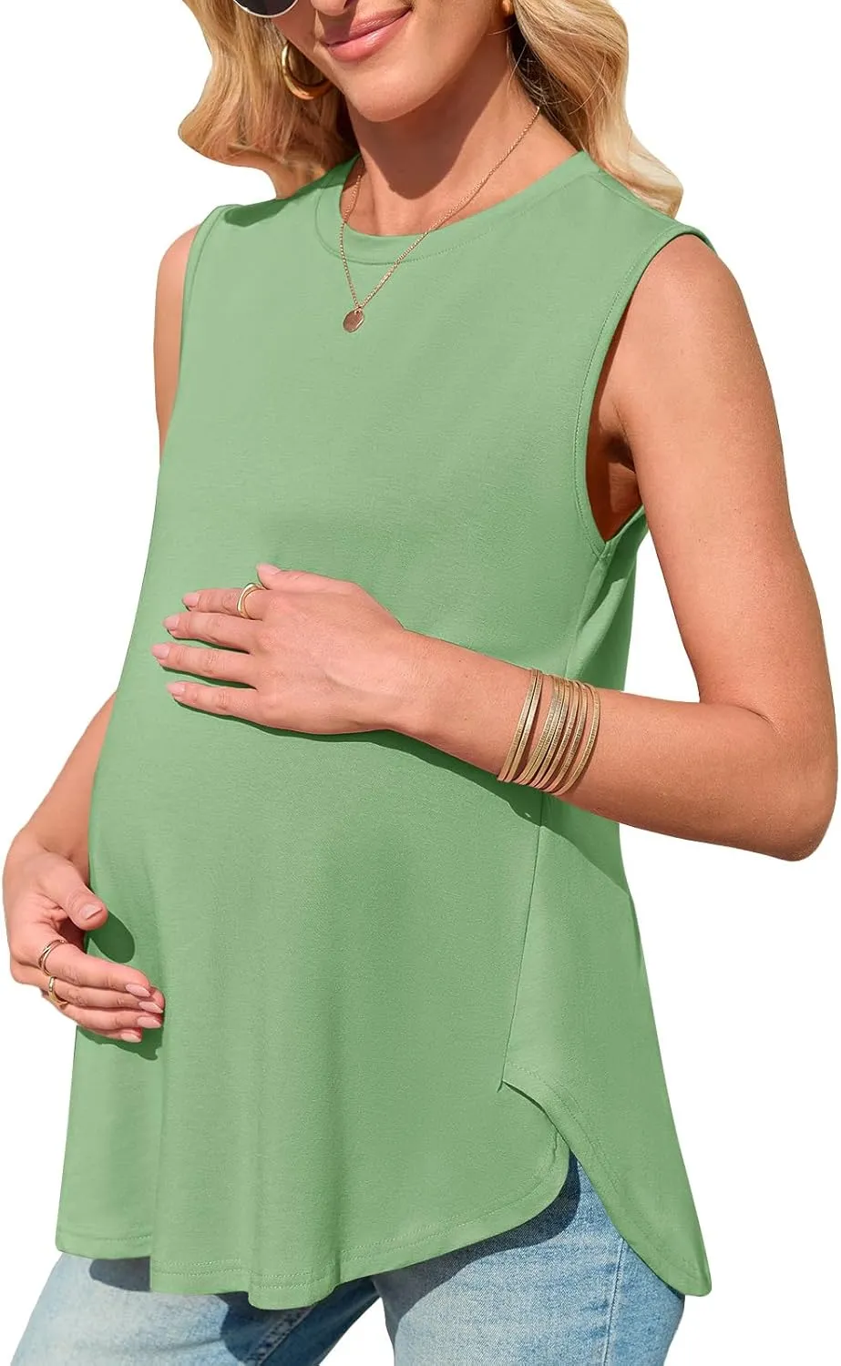 Women's Maternity Tank Top Summer Sleeveless Crewneck Pregnancy Shirts Side Split Maternity Clothes