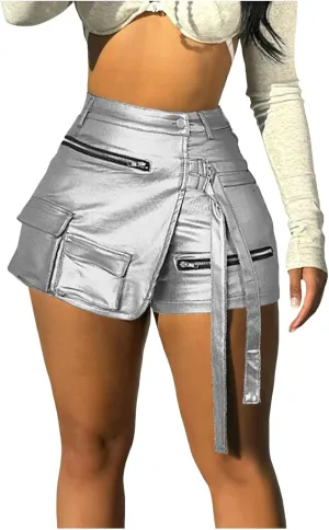 Women's Metallic Cargo Shorts Summer PU Leather Irregular Split with Pockets Stretchy Y2K Streetwear Skirt Skorts
