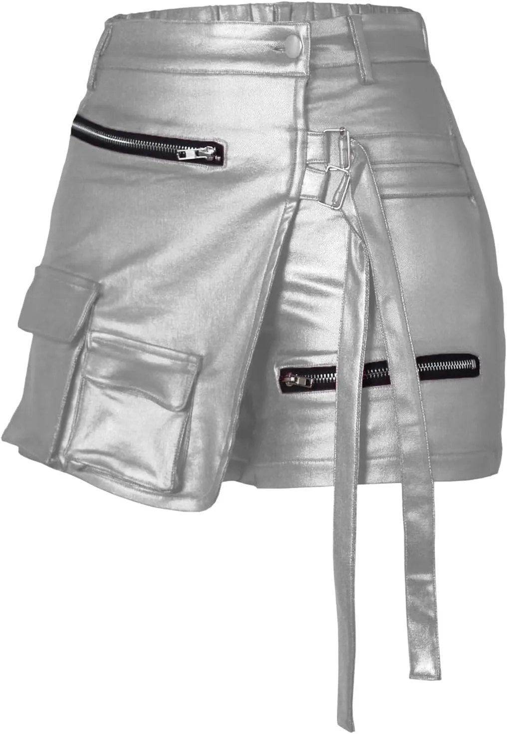 Women's Metallic Cargo Shorts Summer PU Leather Irregular Split with Pockets Stretchy Y2K Streetwear Skirt Skorts