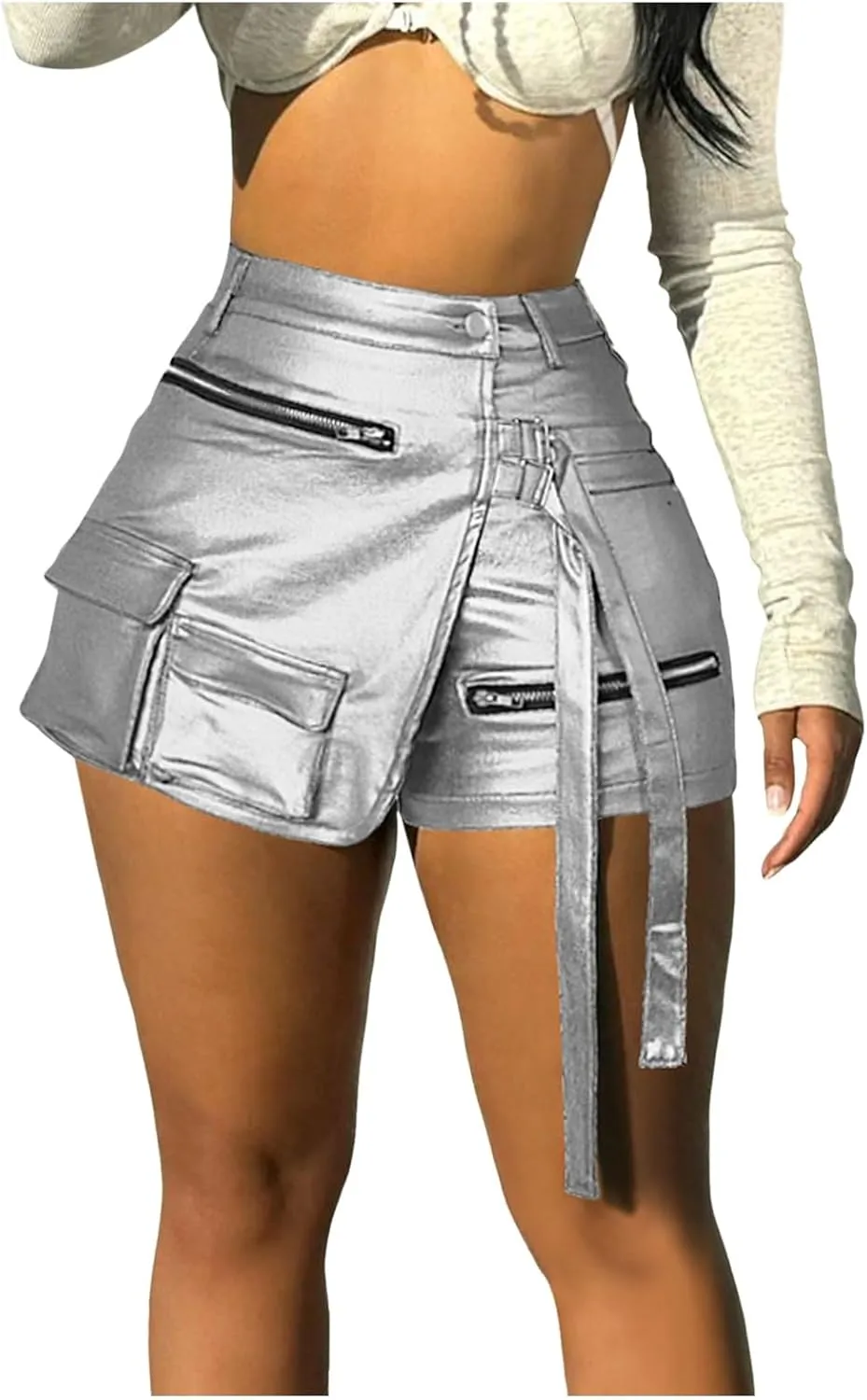 Women's Metallic Cargo Shorts Summer PU Leather Irregular Split with Pockets Stretchy Y2K Streetwear Skirt Skorts